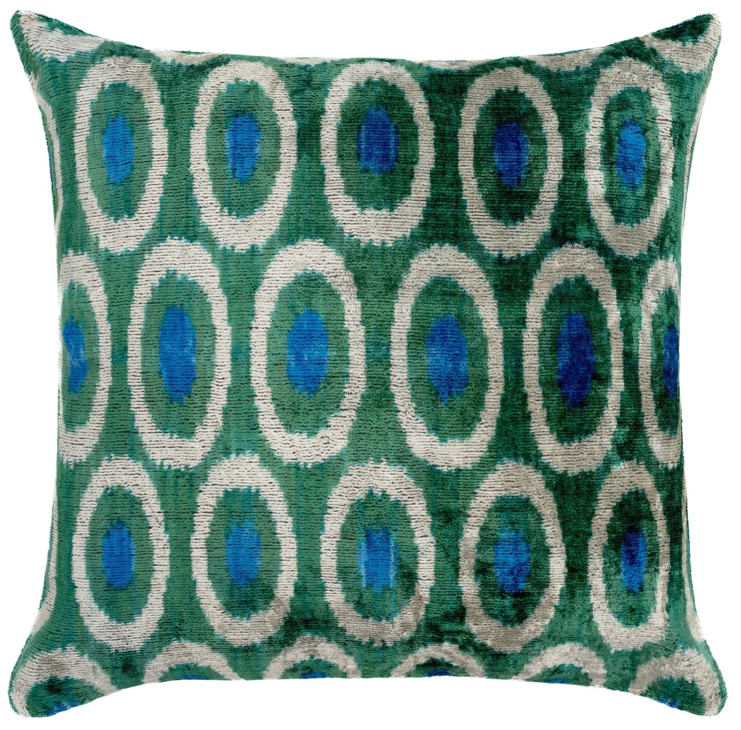 Almohada decorativa hecha a mano con diseño de círculos verdes y azules, 16 x 16 pulgadas, terciopelo de seda, teñido vegetal con relleno de plumas de primera calidad