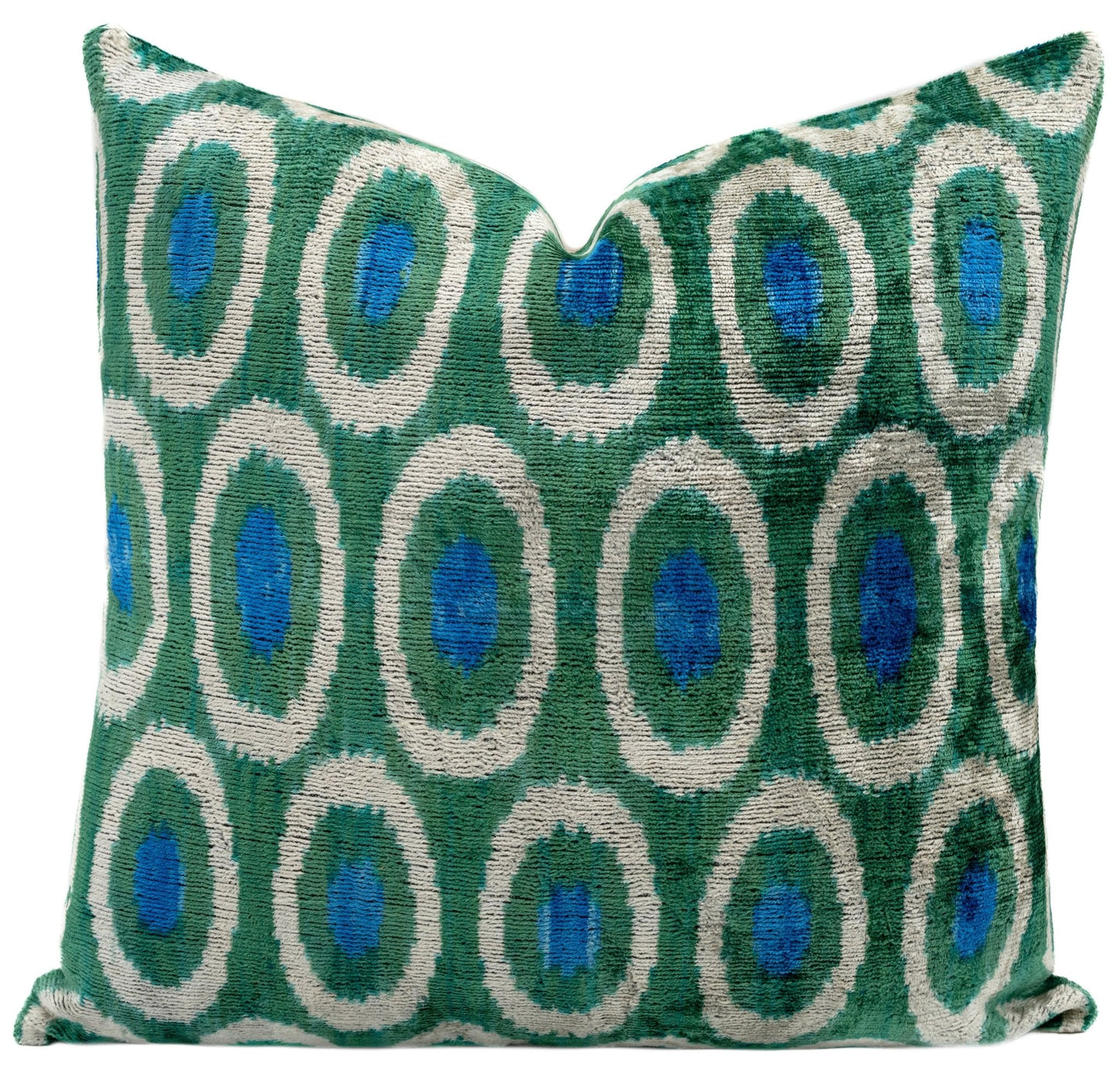 Almohada decorativa hecha a mano con diseño de círculos verdes y azules, 16 x 16 pulgadas, terciopelo de seda, teñido vegetal con relleno de plumas de primera calidad