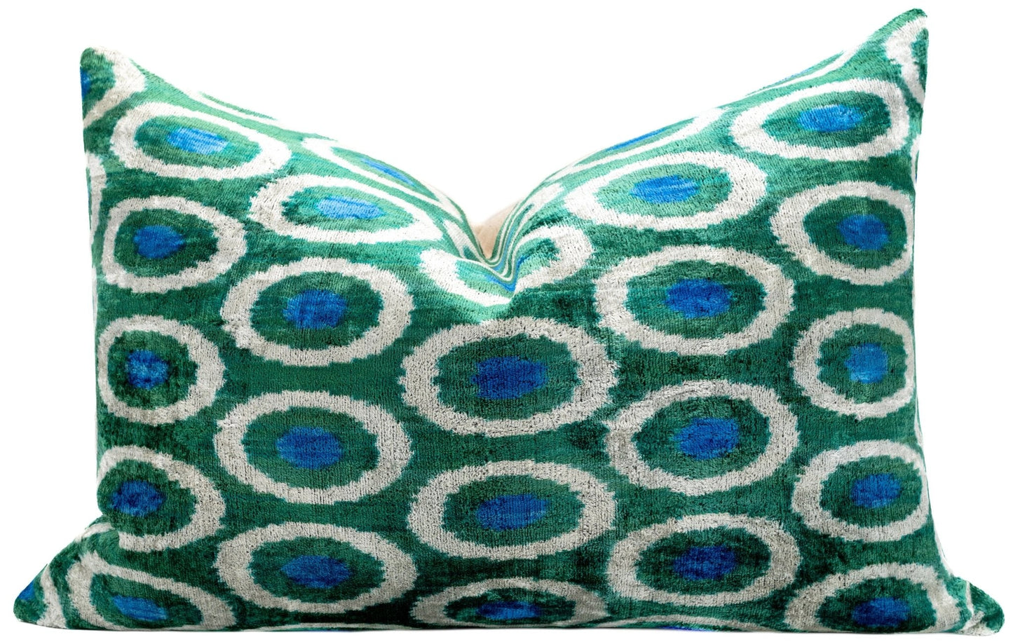 Coussin décoratif fait main en forme de cercle vert et bleu - 16 x 24 pouces, velours de soie, teinture végétale avec insert en plumes de duvet de qualité supérieure