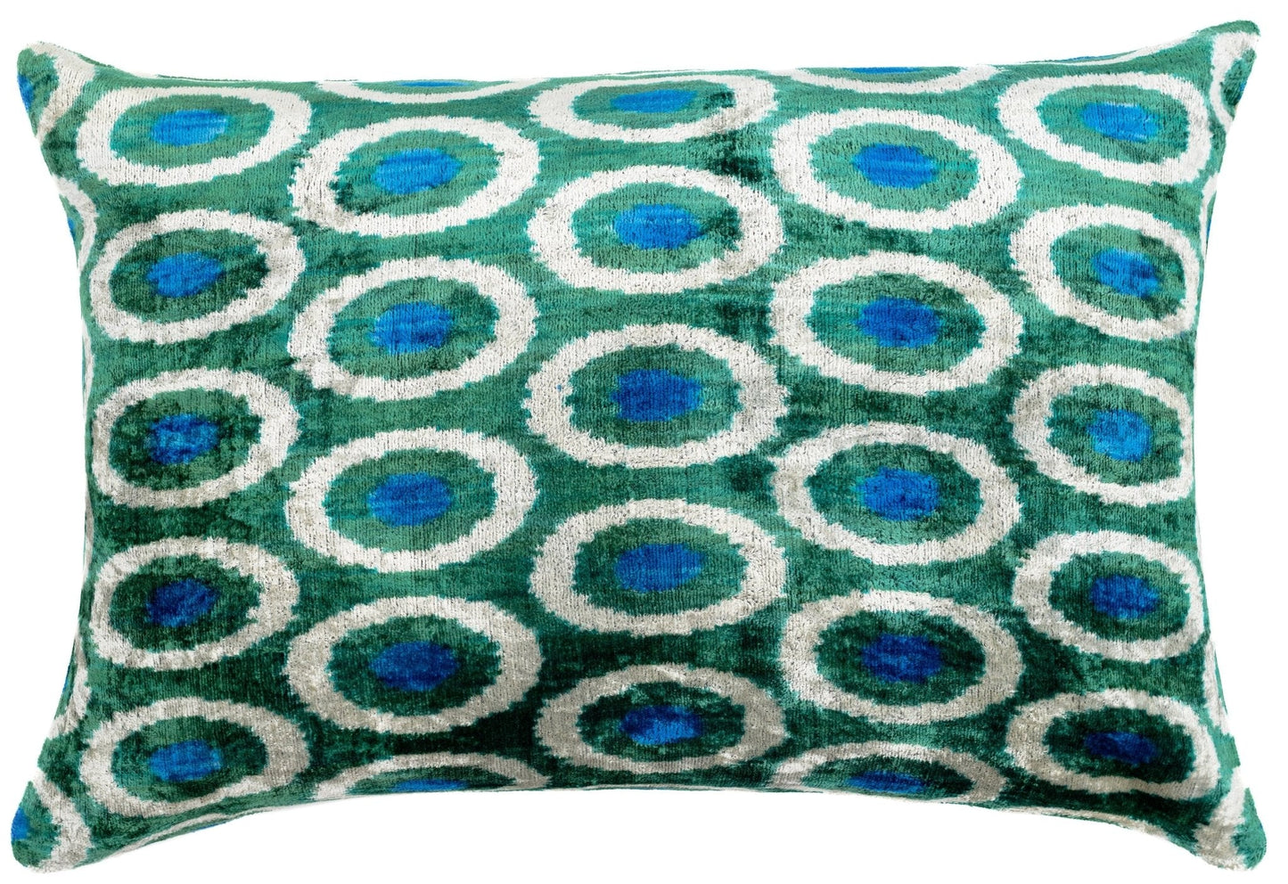 Coussin décoratif fait main en forme de cercle vert et bleu - 16 x 24 pouces, velours de soie, teinture végétale avec insert en plumes de duvet de qualité supérieure