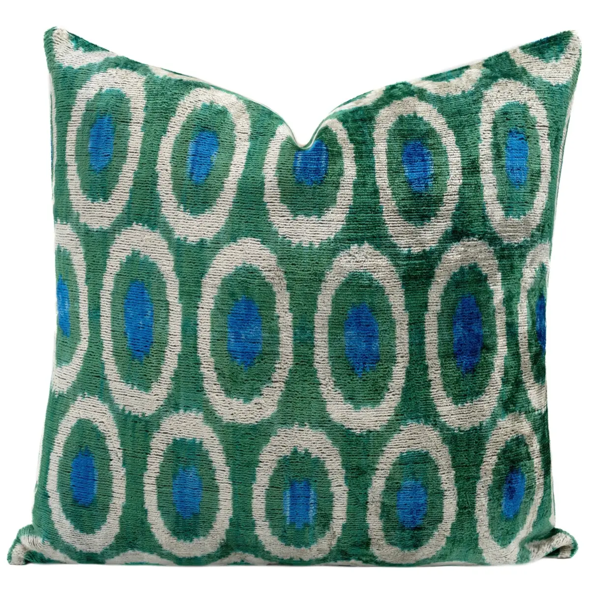 Handmade Green and Blue Circle Design Throw Pillow - 16x16 inch Silk Velvet Vegetable Dyed with Premium Down Feather