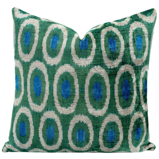 Handmade Green and Blue Circle Design Throw Pillow - 16x16 inch Silk Velvet Vegetable Dyed with Premium Down Feather