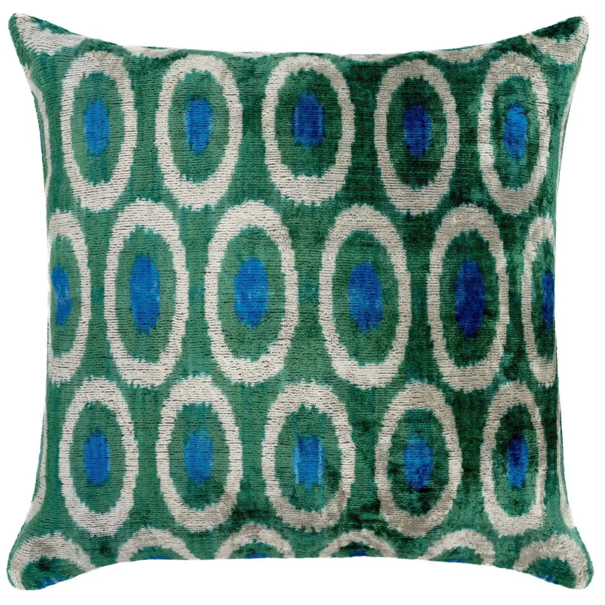 Handmade Green and Blue Circle Design Throw Pillow - 16x16 inch Silk Velvet Vegetable Dyed with Premium Down Feather