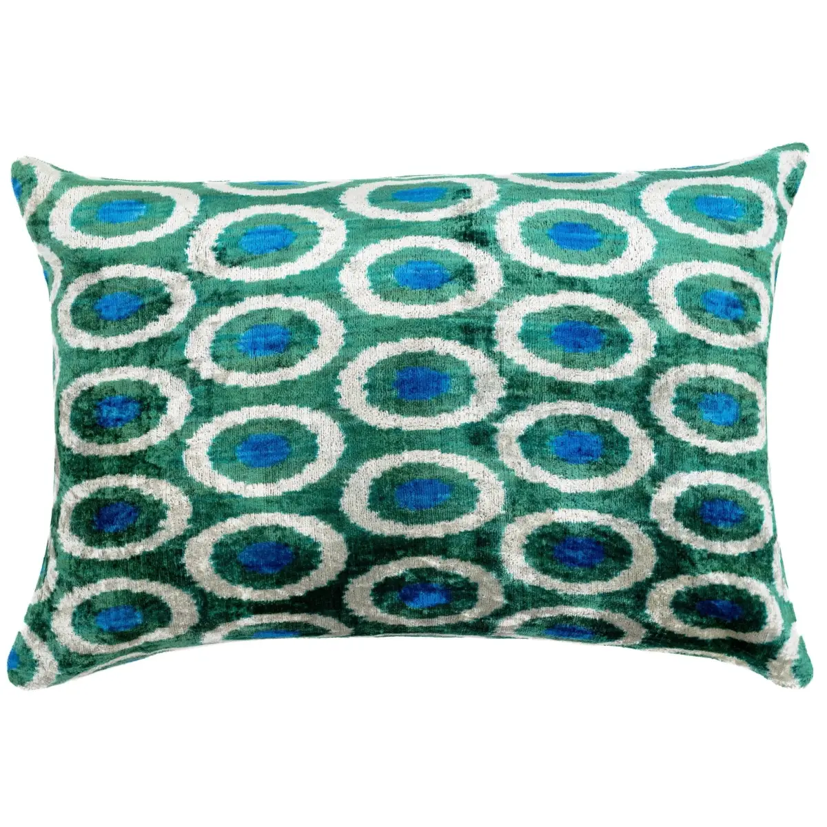 Handmade Green and Blue Circle Design Throw Pillow - 16x24 inch Silk Velvet Vegetable Dyed with Premium Down Feather