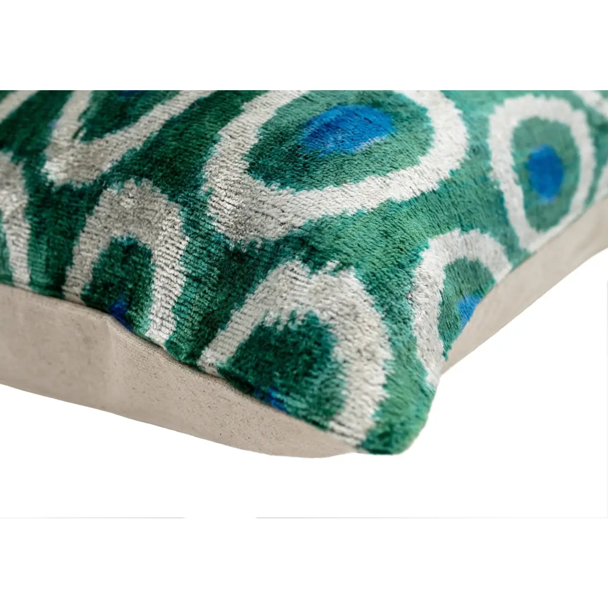 Handmade Green and Blue Circle Design Throw Pillow - 16x24 inch Silk Velvet Vegetable Dyed with Premium Down Feather