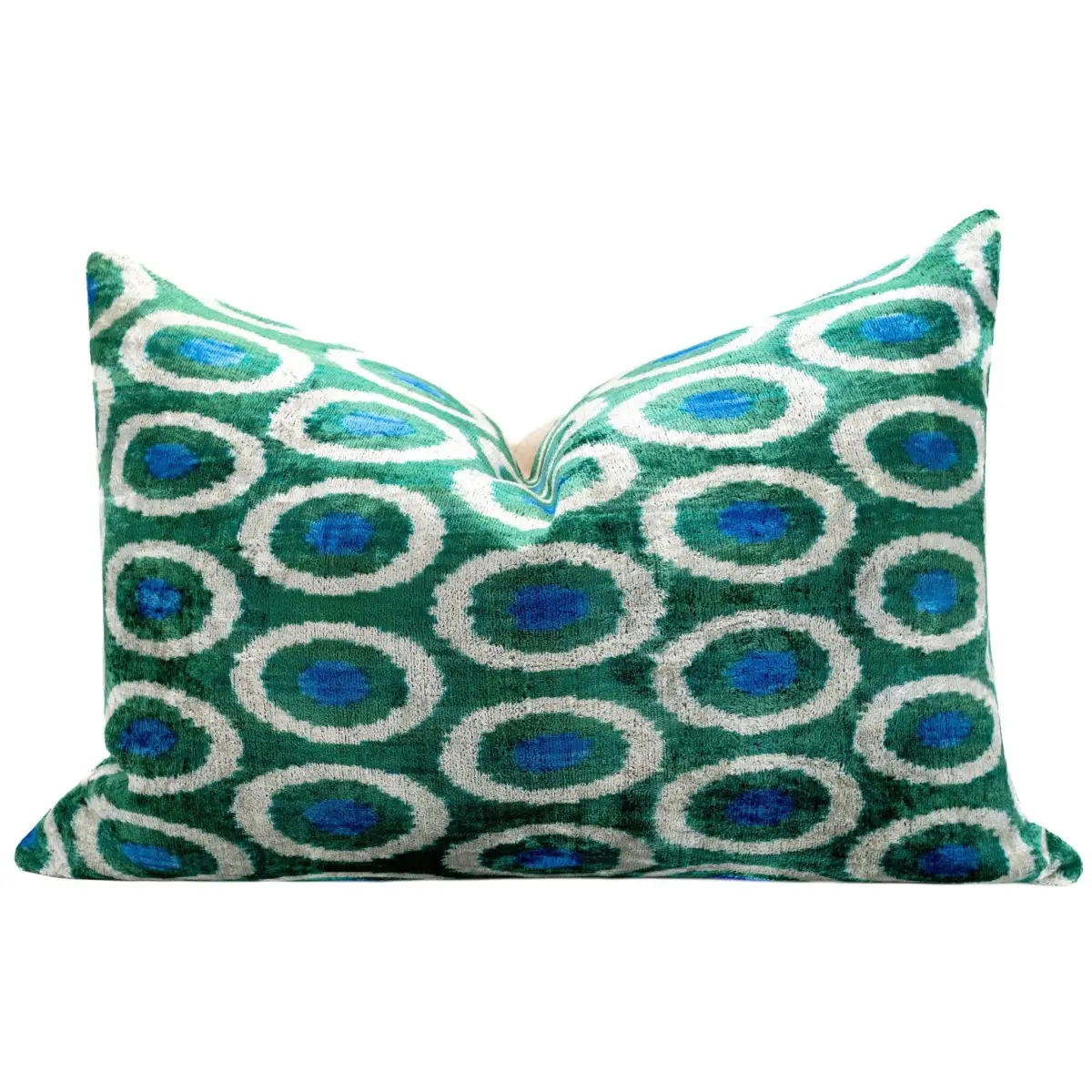 Handmade Green and Blue Circle Design Throw Pillow - 16x24 inch Silk Velvet Vegetable Dyed with Premium Down Feather