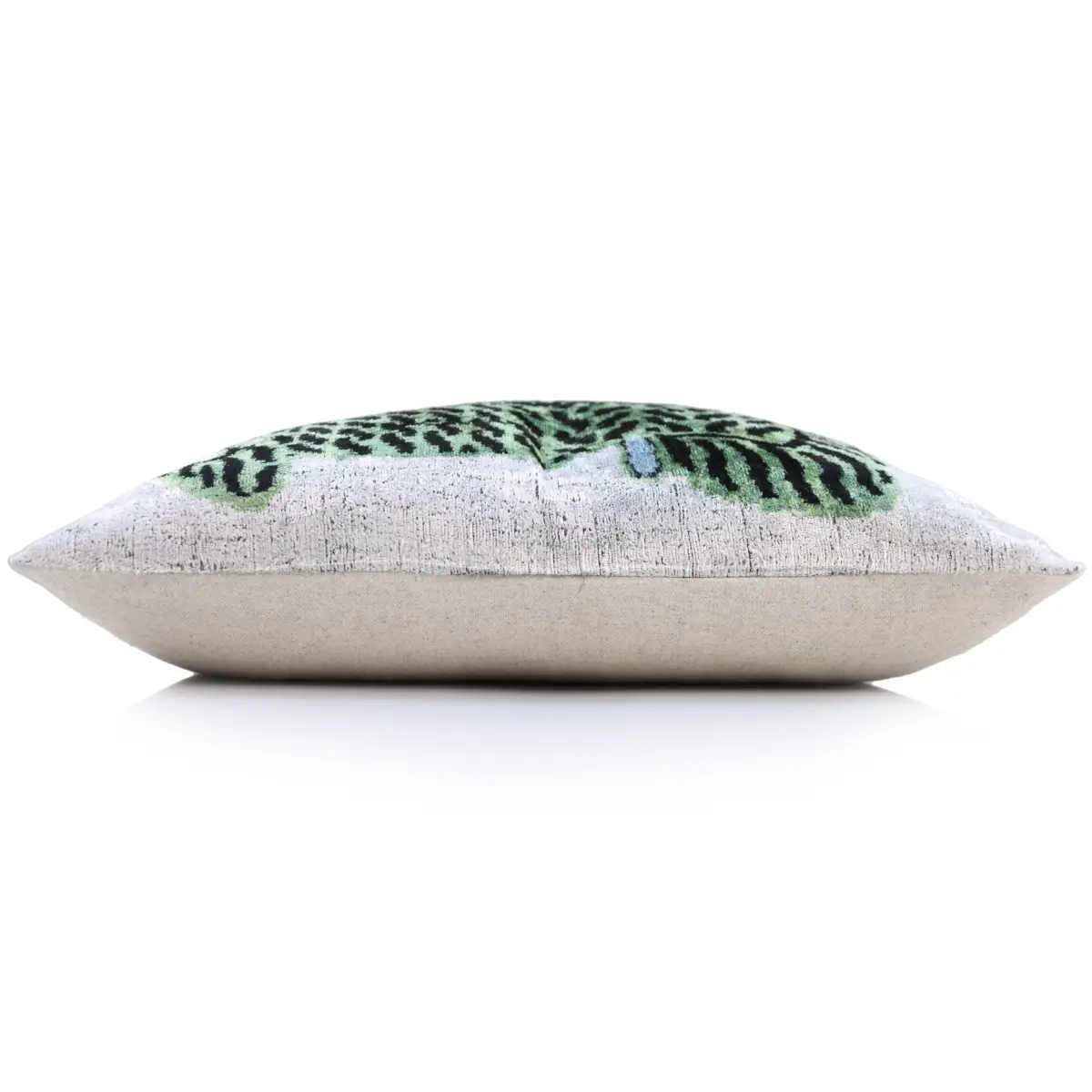Handmade Green Tiger Velvet Lumbar Pillow 16x24 – Artisan Silk Cushion with Blue Accents - Canvello