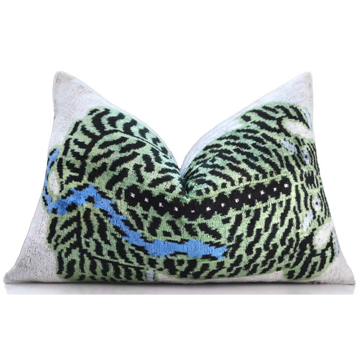 Handmade Green Tiger Velvet Lumbar Pillow 16x24 – Artisan Silk Cushion with Blue Accents - Canvello