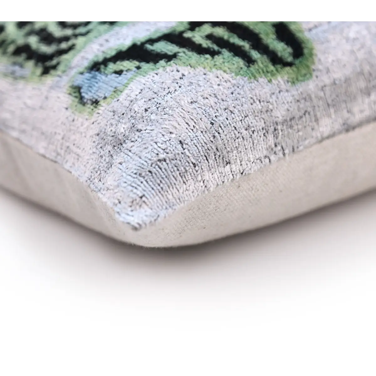 Handmade Green Tiger Velvet Lumbar Pillow 16x24 – Artisan Silk Cushion with Blue Accents - Canvello