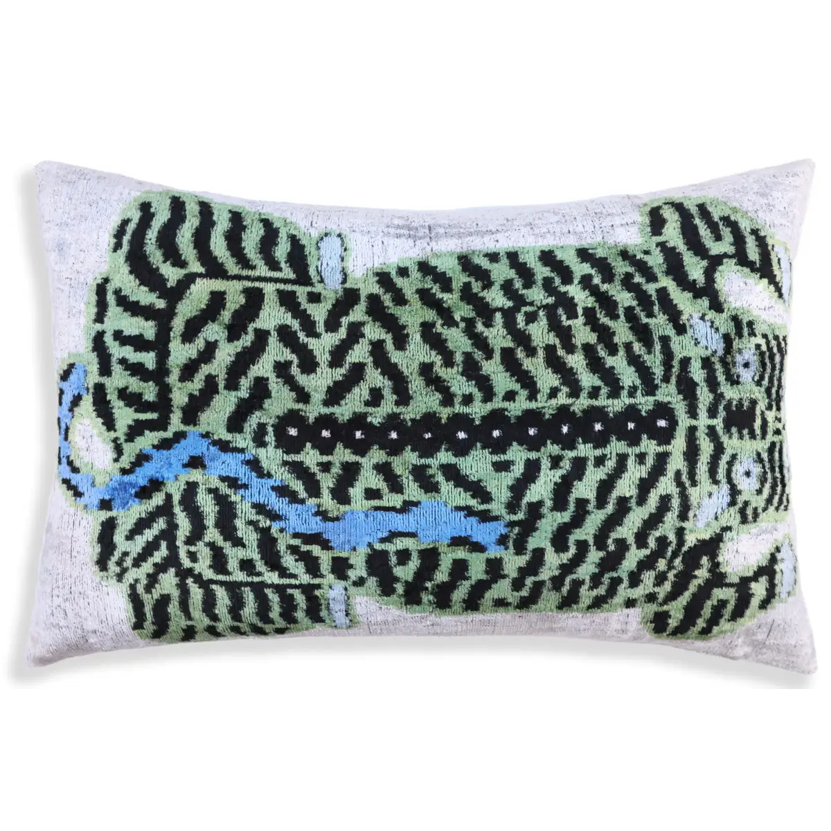 Handmade Green Tiger Velvet Lumbar Pillow 16x24 – Artisan Silk Cushion with Blue Accents - Canvello