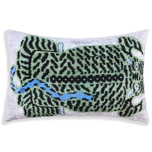 Handmade Green Tiger Velvet Lumbar Pillow 16x24 – Artisan Silk Cushion with Blue Accents - Canvello