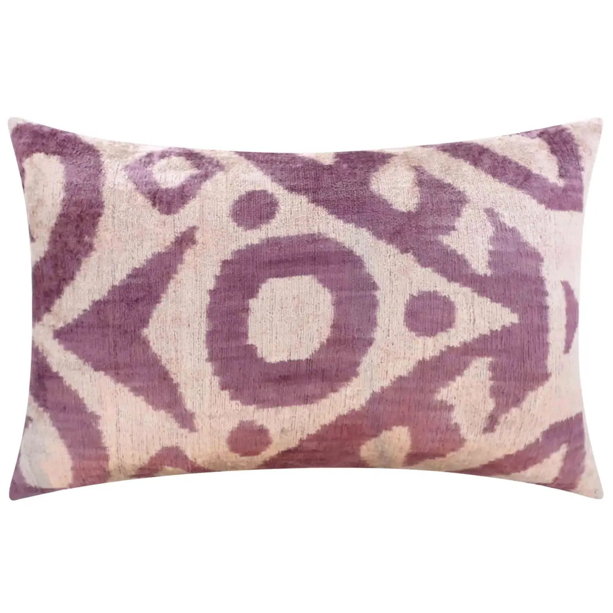 Handmade Ikat Silk Velvet Throw Pillow - 16x24 Lavender and Cream Luxury Cushion with Down Feather Insert - Canvello