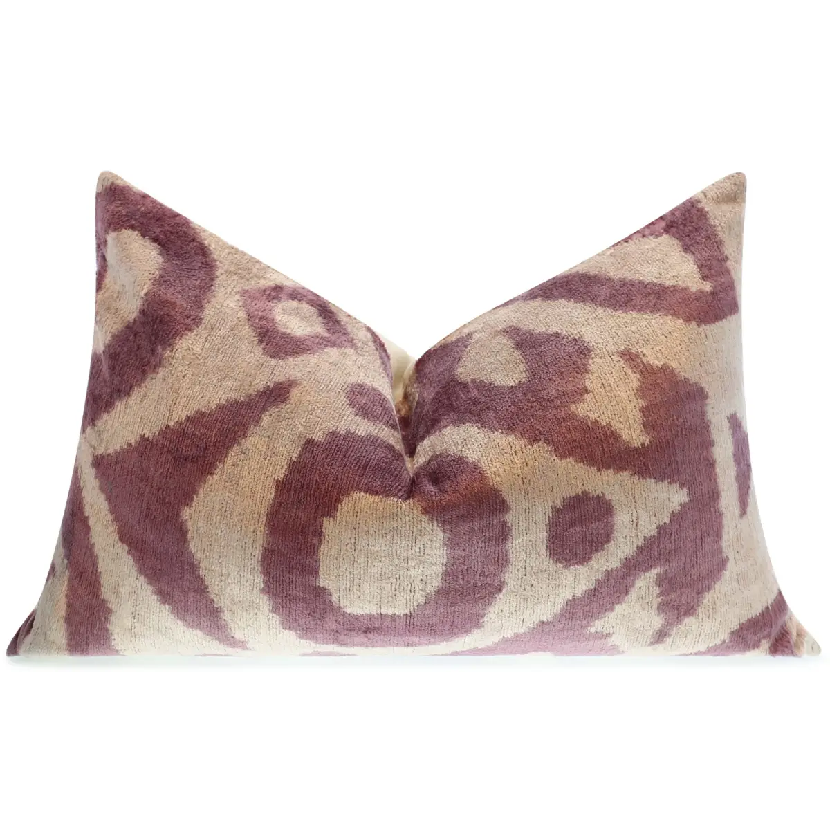 Handmade Ikat Silk Velvet Throw Pillow - 16x24 Lavender and Cream Luxury Cushion with Down Feather Insert - Canvello