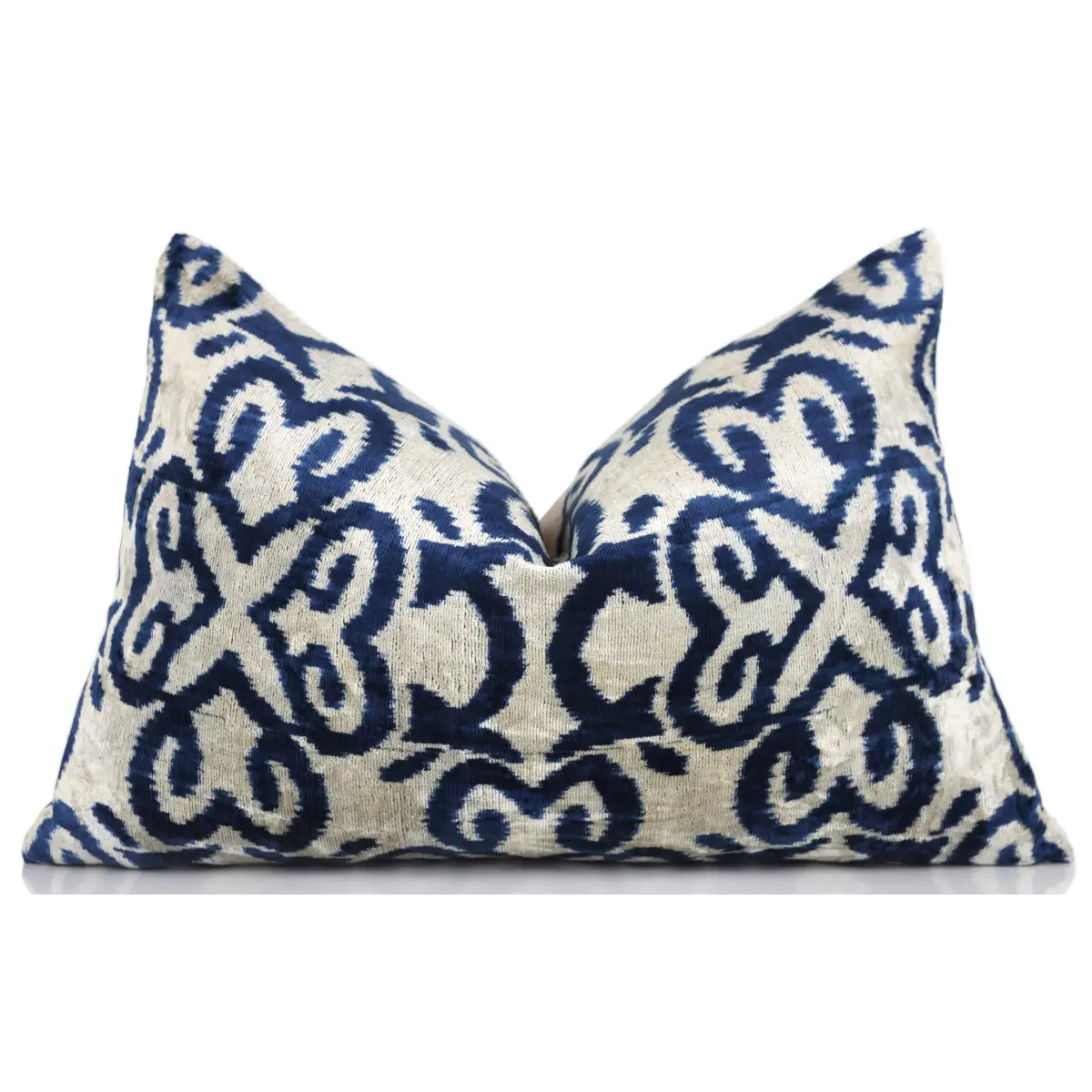 Luxury Silk Velvet Pillow – Navy Ikat Lumbar 16x24’’ - Canvello
