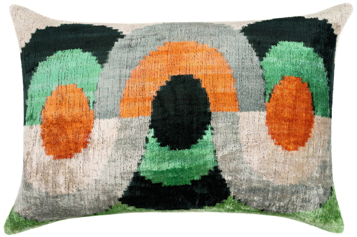 Almohada de diseño abstracto hecha a mano en naranja, negro y verde: 16 x 24 pulgadas, terciopelo de seda, teñido vegetal con inserto de plumas de primera calidad