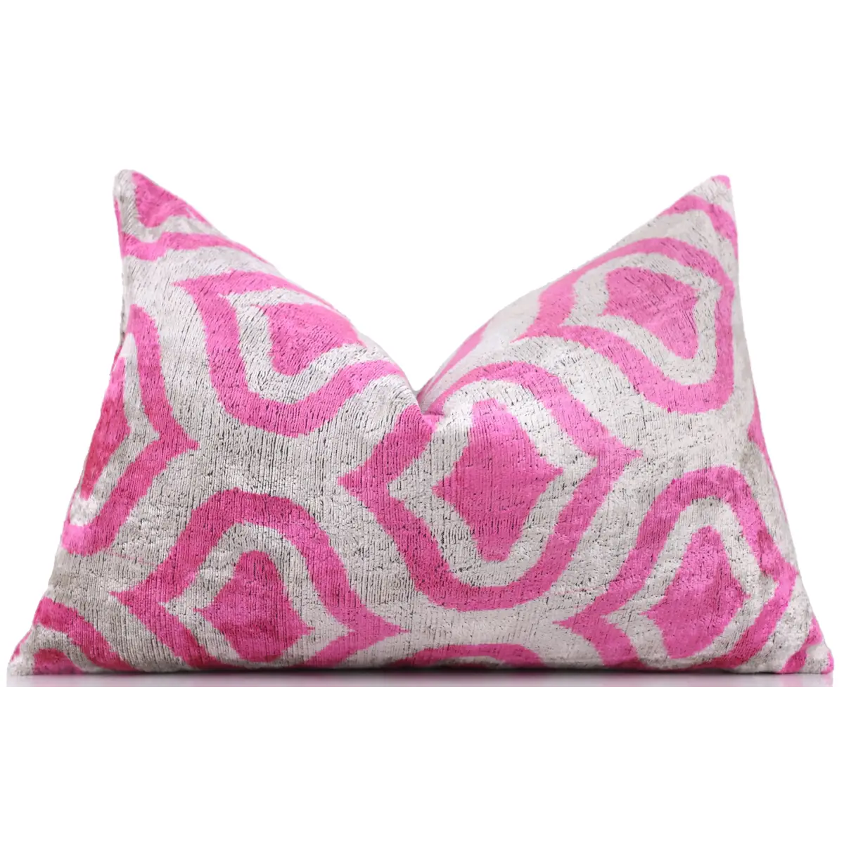 Handmade Pink Geometric Velvet Lumbar Pillow 16x24 – Luxury Silk Ikat Cushion - Canvello
