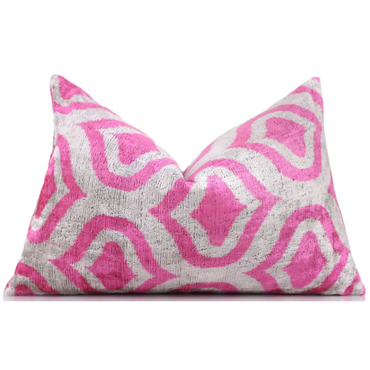 Handmade Pink Geometric Velvet Lumbar Pillow 16x24 – Luxury Silk Ikat Cushion - Canvello