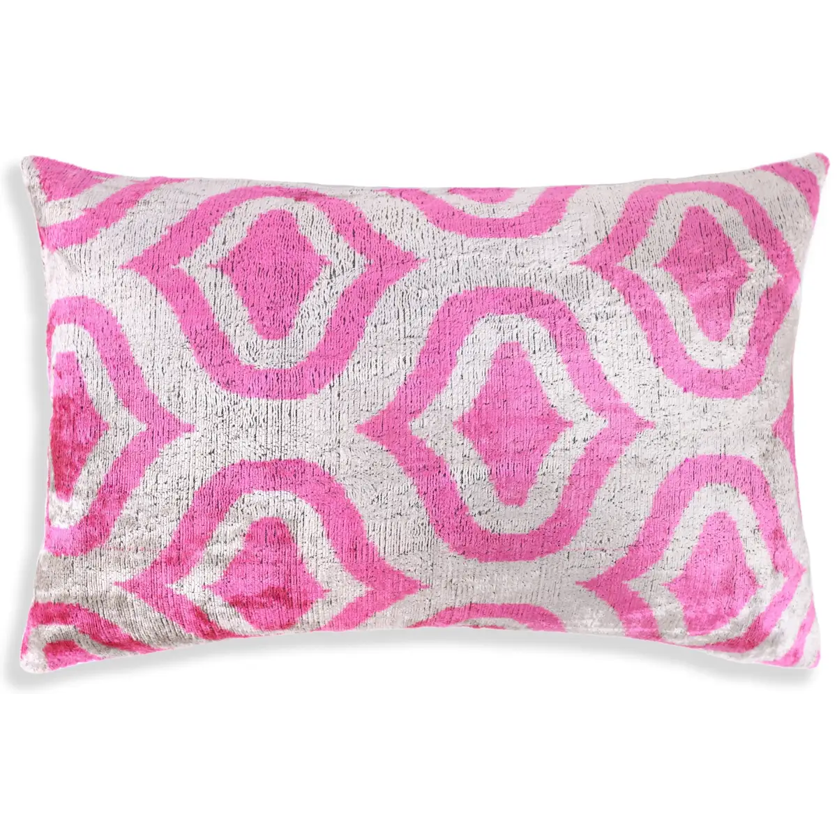 Handmade Pink Geometric Velvet Lumbar Pillow 16x24 – Luxury Silk Ikat Cushion - Canvello