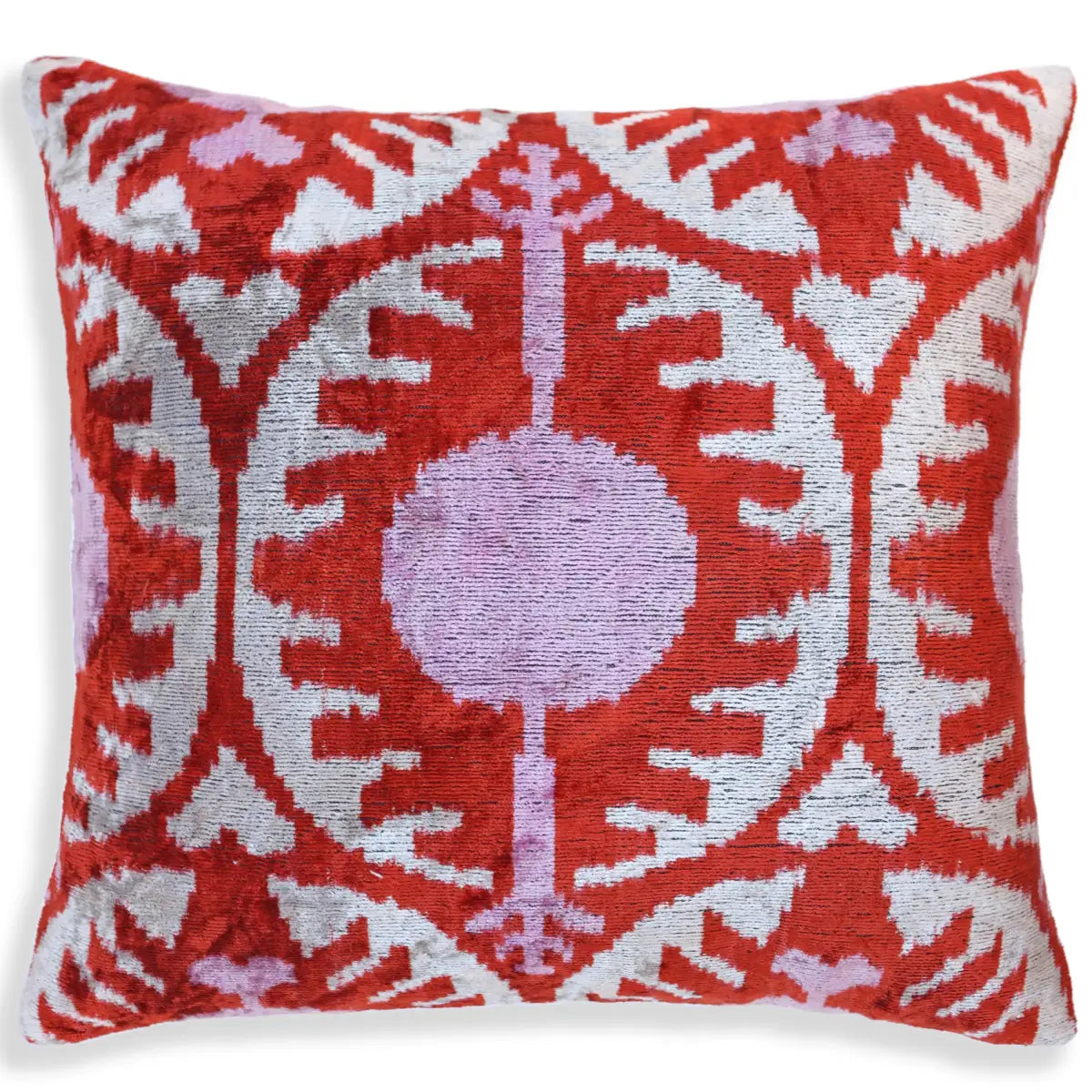 Handmade Red & Lilac Ikat Velvet Pillow – 16x16 Silk Cushion - Canvello