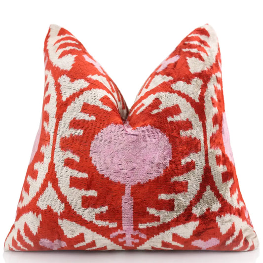 Handmade Red & Lilac Ikat Velvet Pillow – 16x16 Silk Cushion - Canvello