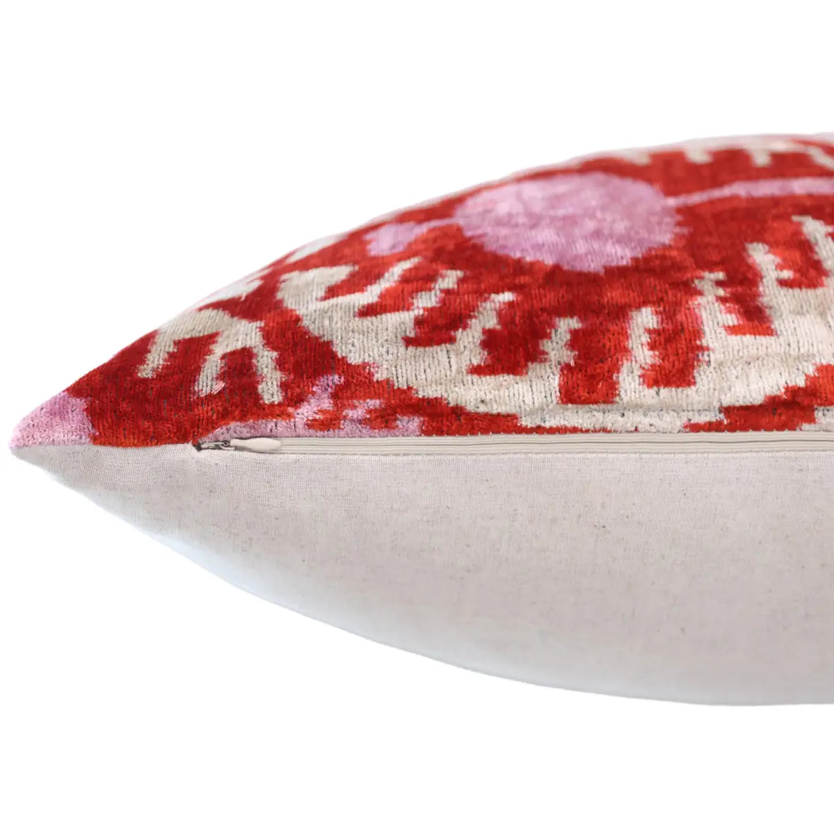 Handmade Red & Lilac Ikat Velvet Pillow – 16x16 Silk Cushion - Canvello