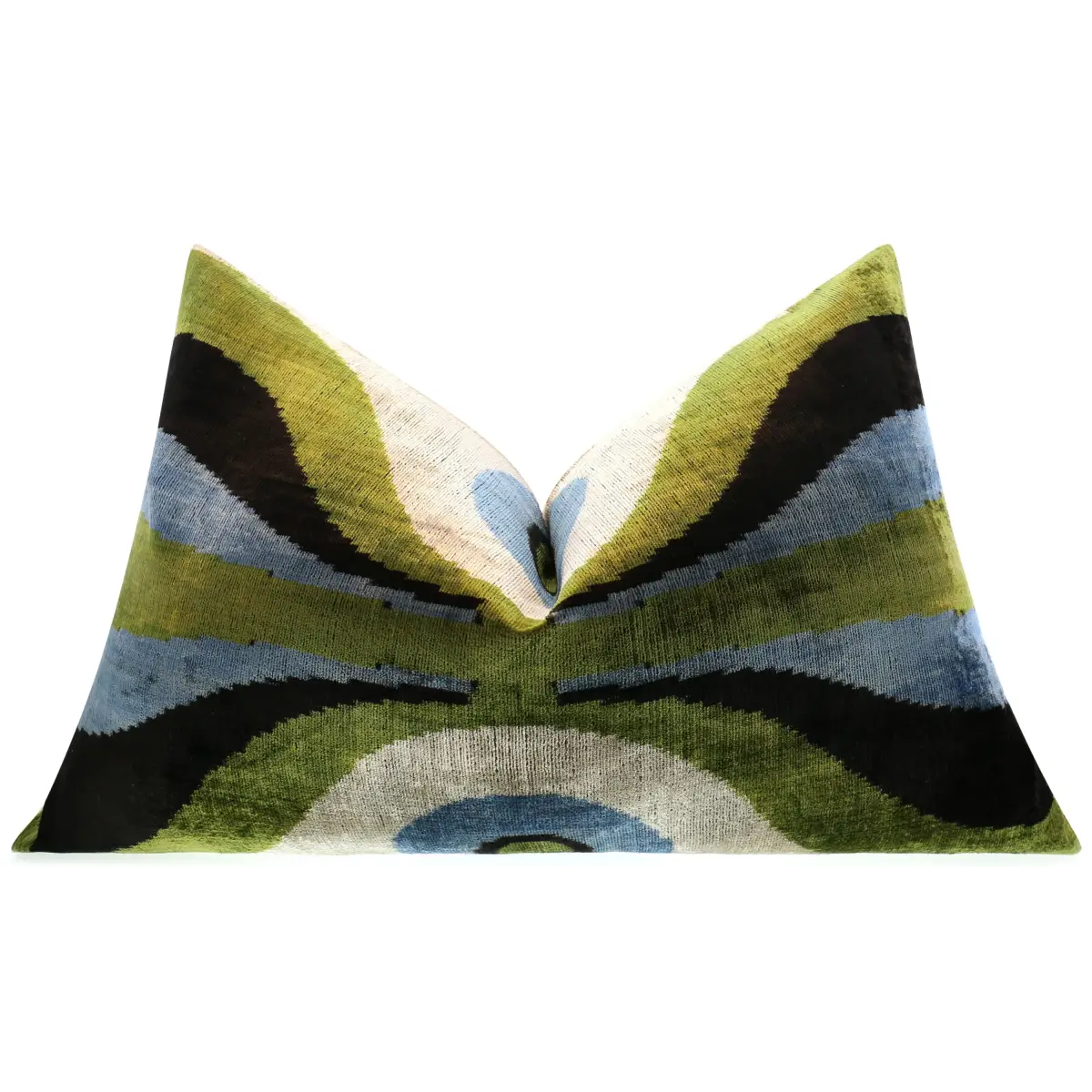 Handmade Retro Geometric Silk Velvet Throw Pillow - 16x24 Green and Blue with Down Feather Insert - Canvello