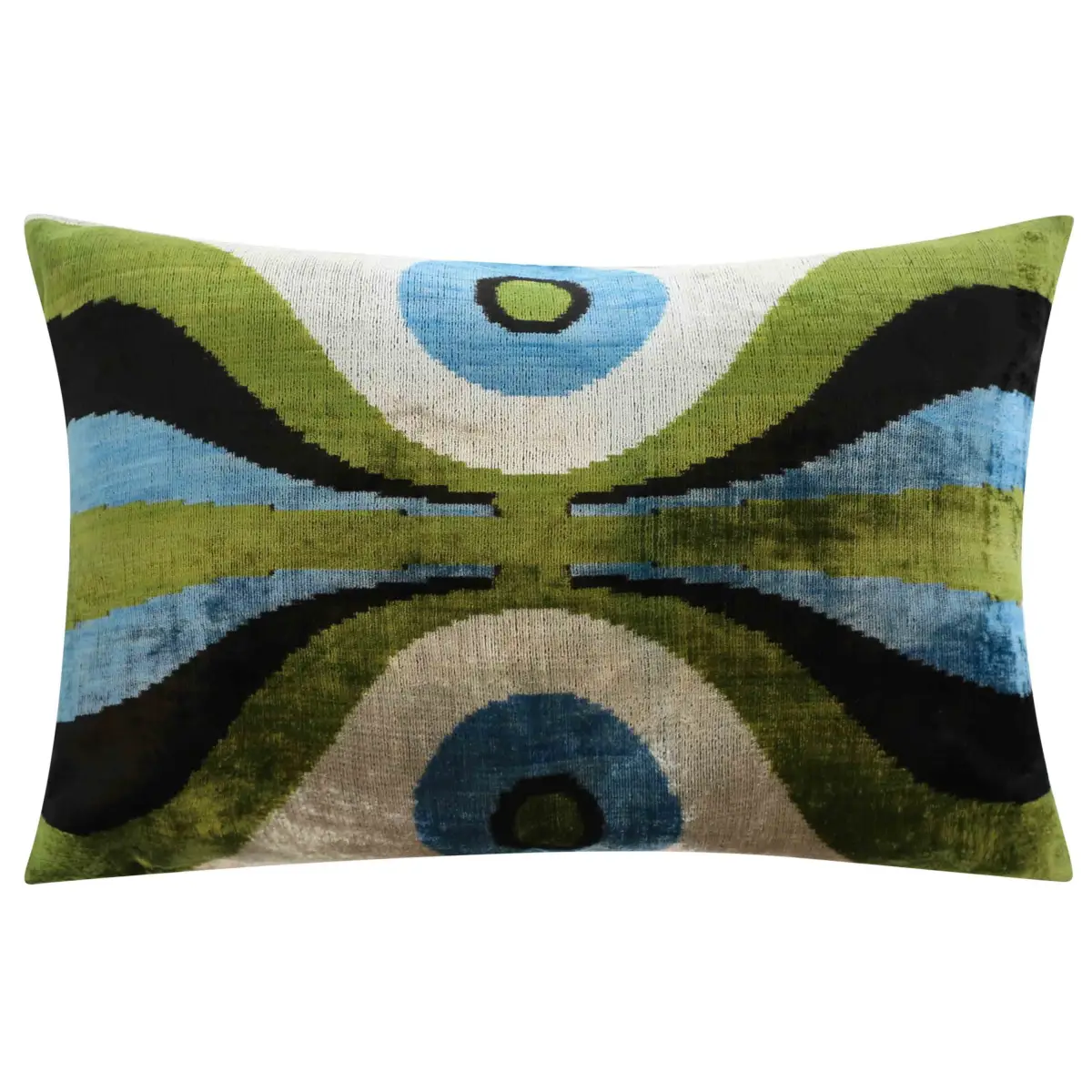 Handmade Retro Geometric Silk Velvet Throw Pillow - 16x24 Green and Blue with Down Feather Insert - Canvello