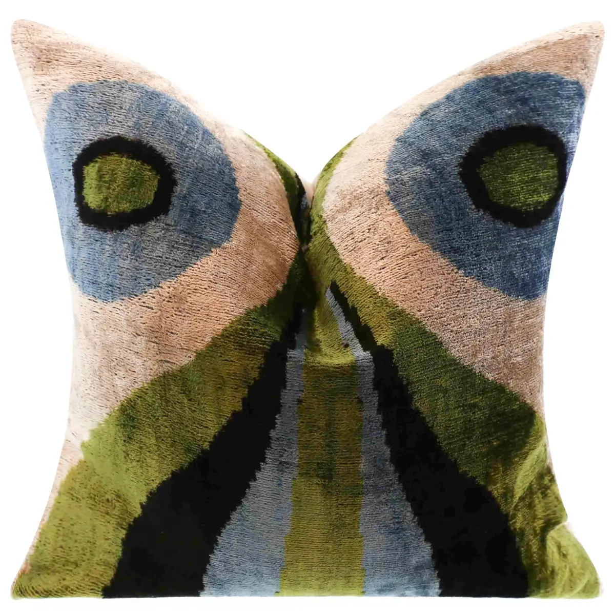 Handmade Silk Velvet Abstract Throw Pillow - 16x16 Bold Green Blue and Black Design with Down Feather Insert - Canvello