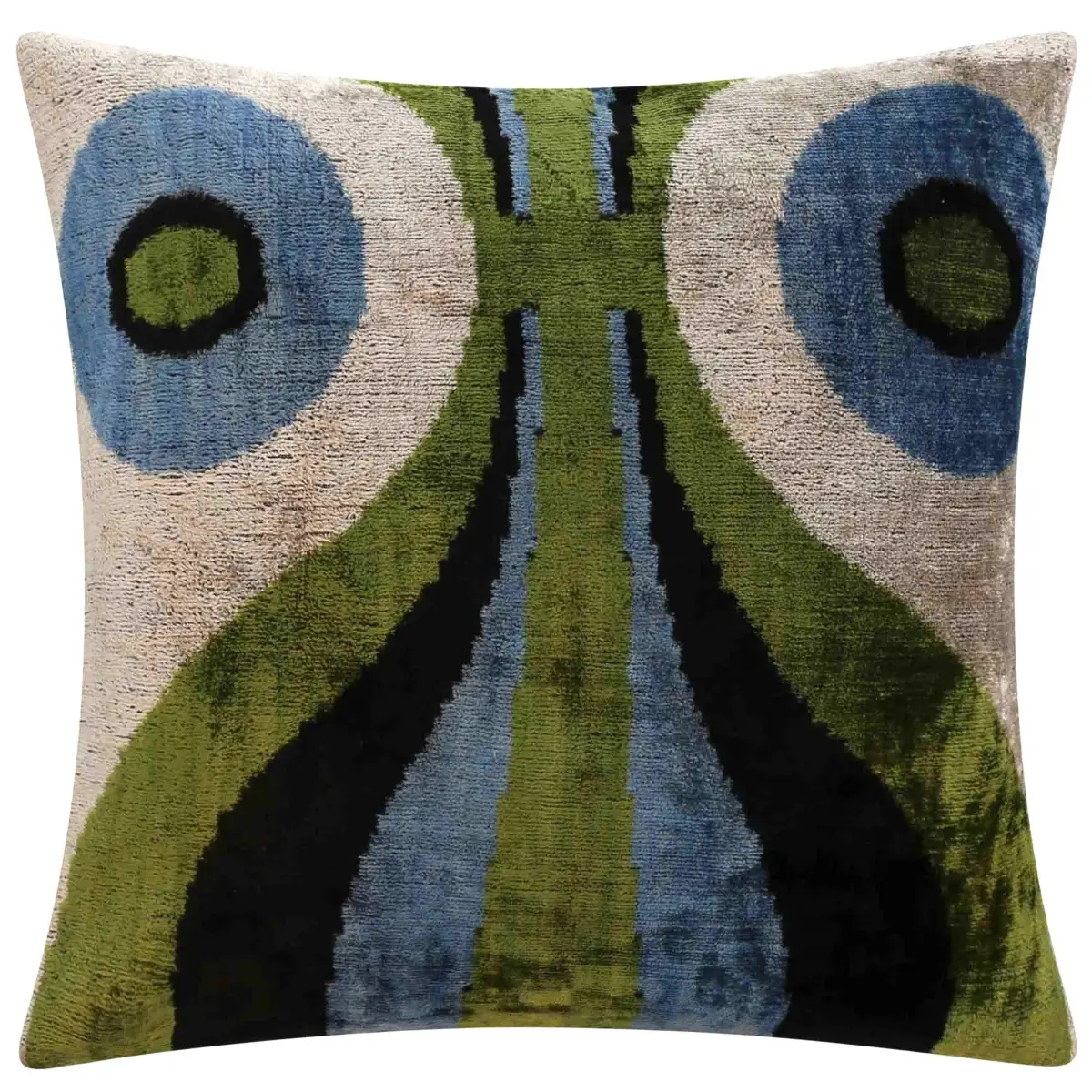 Handmade Silk Velvet Abstract Throw Pillow - 16x16 Bold Green Blue and Black Design with Down Feather Insert - Canvello