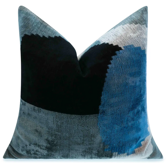 Handmade Silk Velvet Abstract Throw Pillow - 20x20 Modern Blue Black and Gray Design with Down Feather Insert - Canvello
