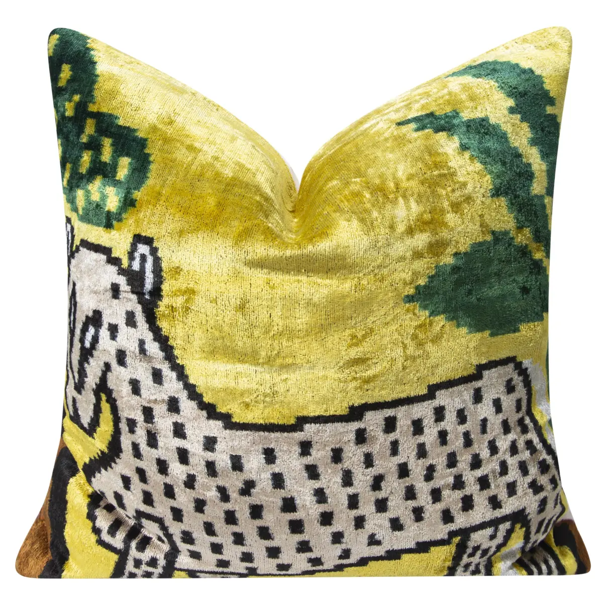 Handmade Silk Velvet Animal Design Throw Pillow - 20x20 Bold Yellow Green and Beige with Down Feather Insert - Canvello