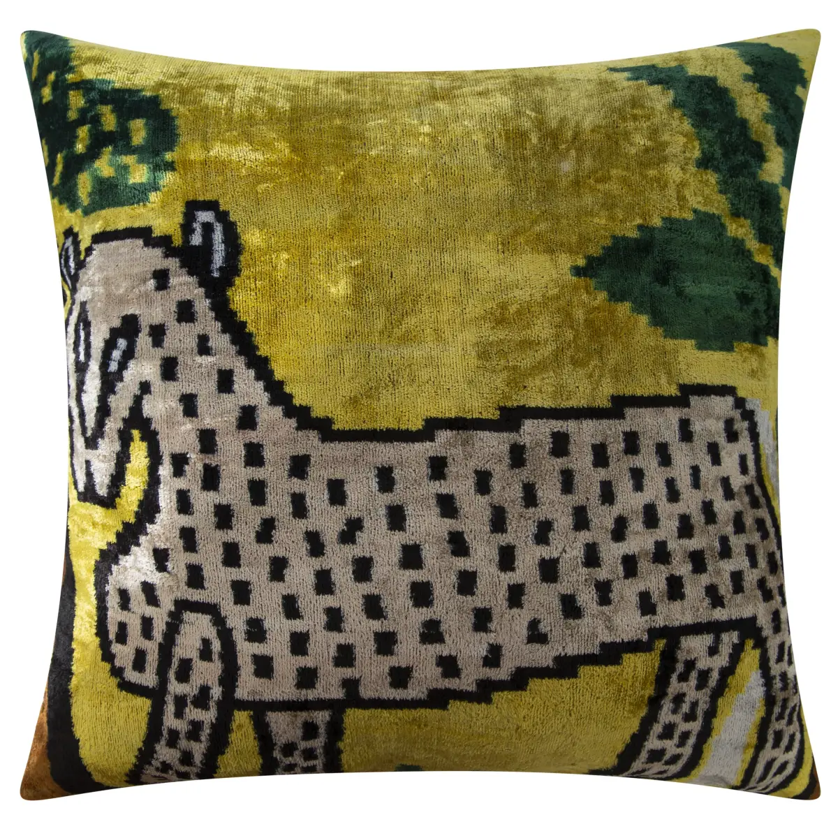 Handmade Silk Velvet Animal Design Throw Pillow - 20x20 Bold Yellow Green and Beige with Down Feather Insert - Canvello