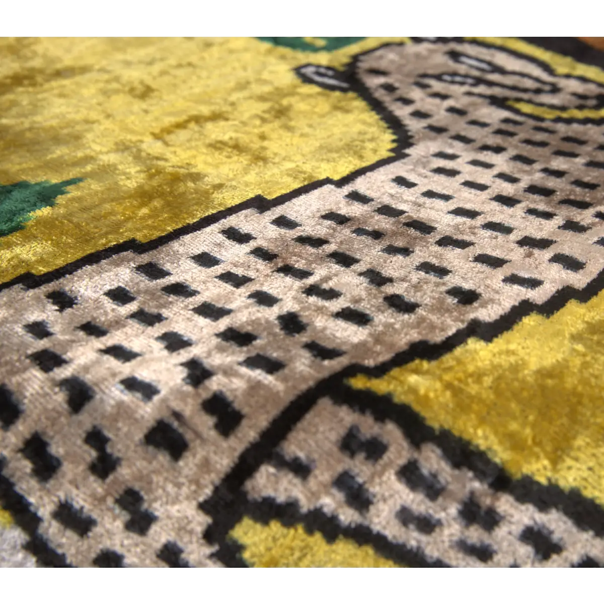 Handmade Silk Velvet Animal Motif Throw Pillow - 20x20 Vibrant Yellow with Green and Beige Design Down Feather Insert