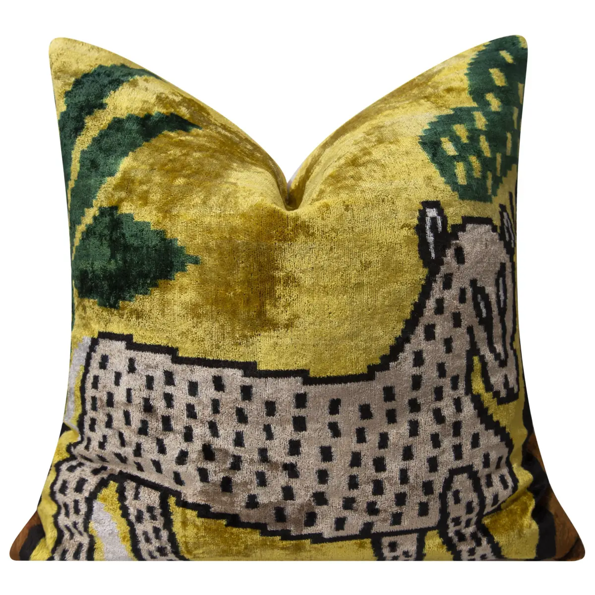 Handmade Silk Velvet Animal Motif Throw Pillow - 20x20 Vibrant Yellow with Green and Beige Design Down Feather Insert