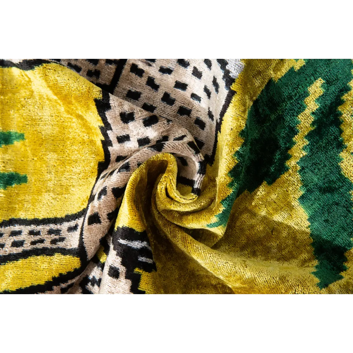 Handmade Silk Velvet Animal Motif Throw Pillow - 20x20 Vibrant Yellow with Green and Beige Design Down Feather Insert