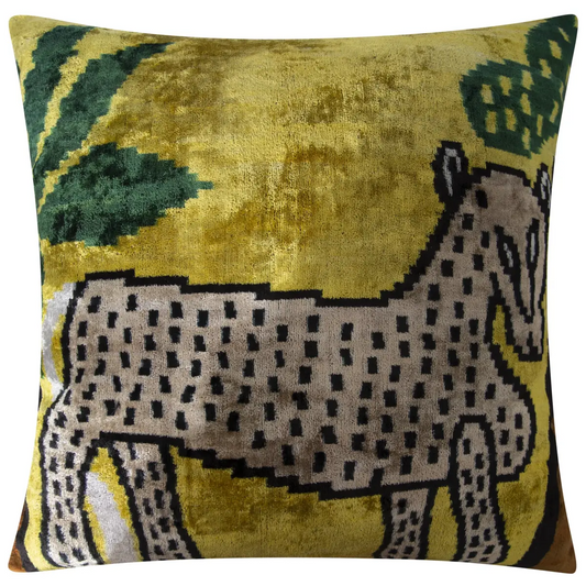 Handmade Silk Velvet Animal Motif Throw Pillow - 20x20 Vibrant Yellow with Green and Beige Design Down Feather Insert