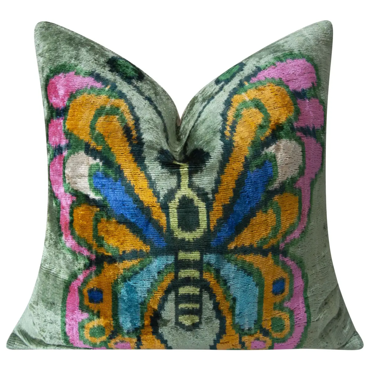 Handmade Silk Velvet Butterfly Throw Pillow - 20x20 Vibrant Green Pink Orange and Blue Design with Down Feather Insert
