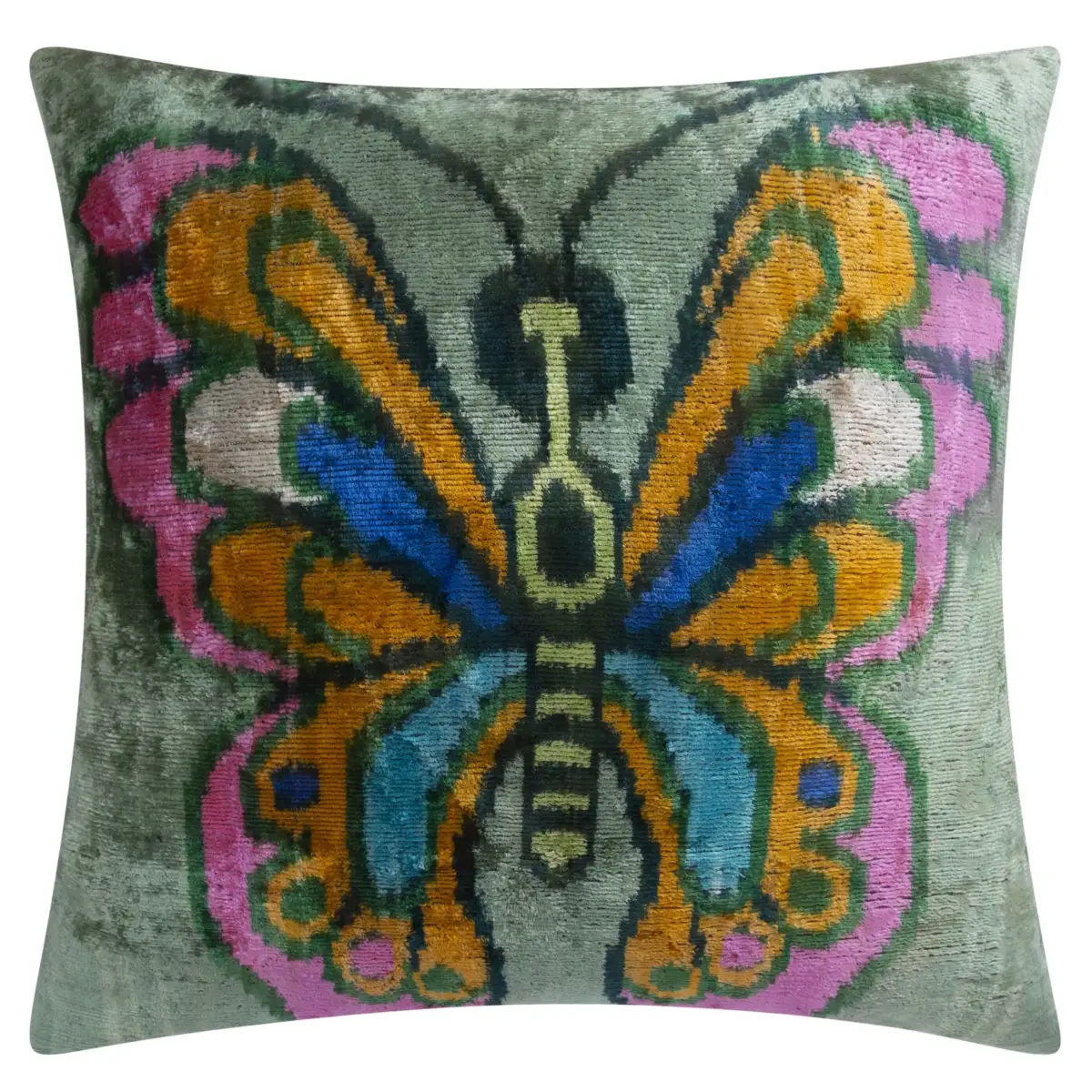 Handmade Silk Velvet Butterfly Throw Pillow - 20x20 Vibrant Green Pink Orange and Blue Design with Down Feather Insert