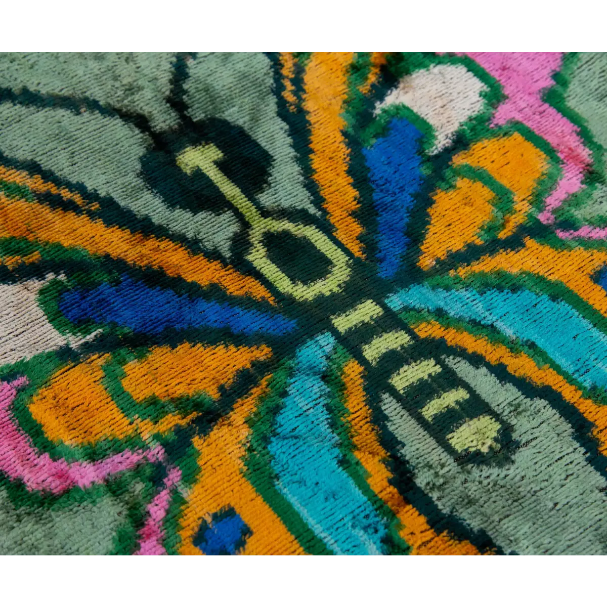 Handmade Silk Velvet Butterfly Throw Pillow - 20x20 Vibrant Green Pink Orange and Blue Design with Down Feather Insert