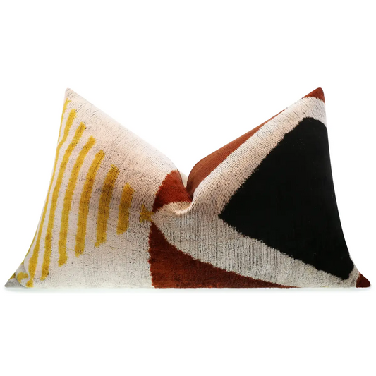 Handmade Silk Velvet Geometric Throw Pillow - 16x24 Black Gold and Rust Brown Modern Design with Down Feather Insert