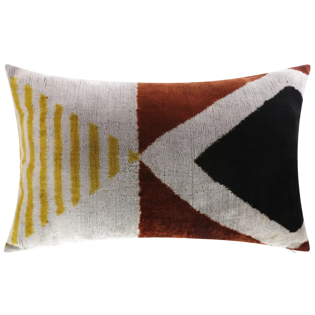Handmade Silk Velvet Geometric Throw Pillow - 16x24 Black Gold and Rust Brown Modern Design with Down Feather Insert