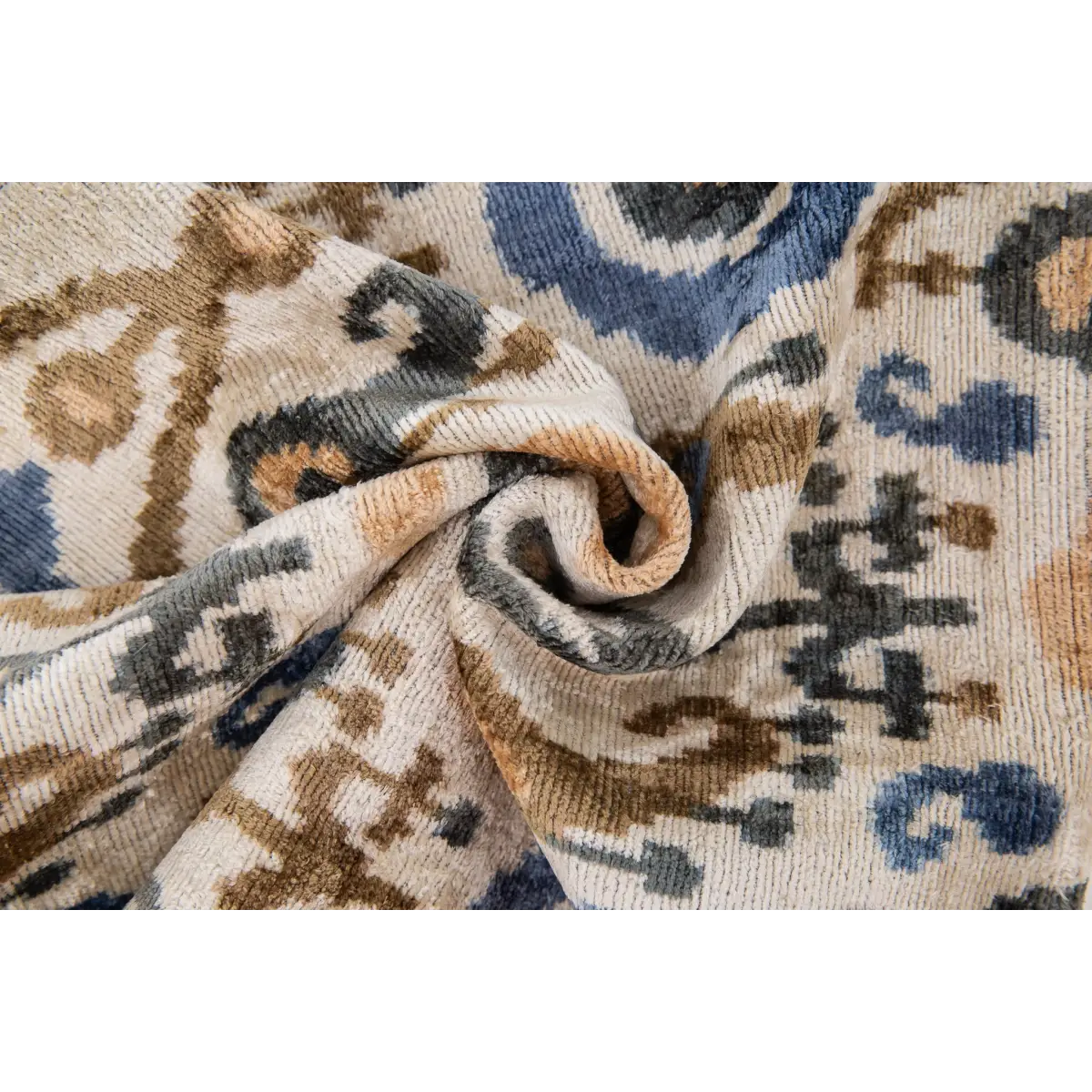 Handmade Silk Velvet Ikat Throw Pillow - 20x20 Beige Blue and Brown Luxury Design with Down Feather Insert - Canvello