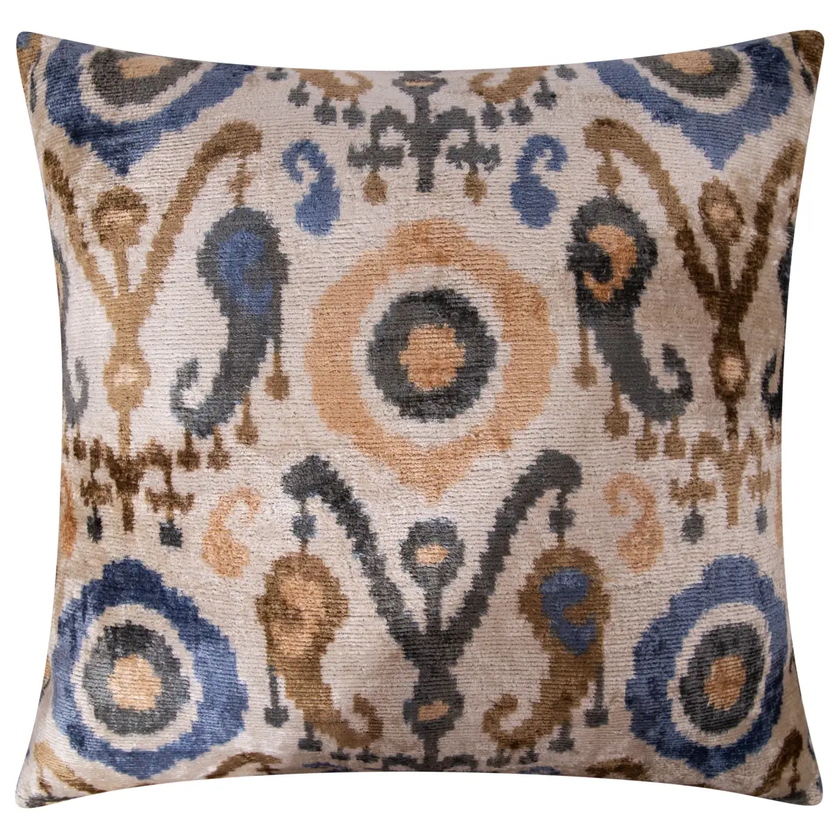 Handmade Silk Velvet Ikat Throw Pillow - 20x20 Beige Blue and Brown Luxury Design with Down Feather Insert - Canvello