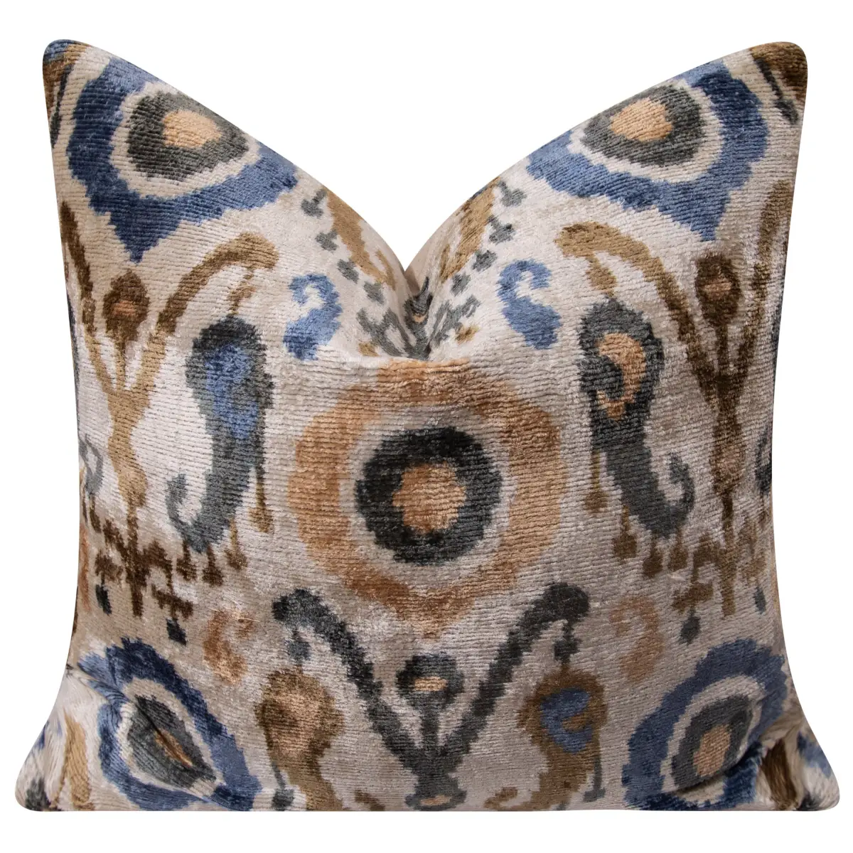 Handmade Silk Velvet Ikat Throw Pillow - 20x20 Beige Blue and Brown Luxury Design with Down Feather Insert - Canvello