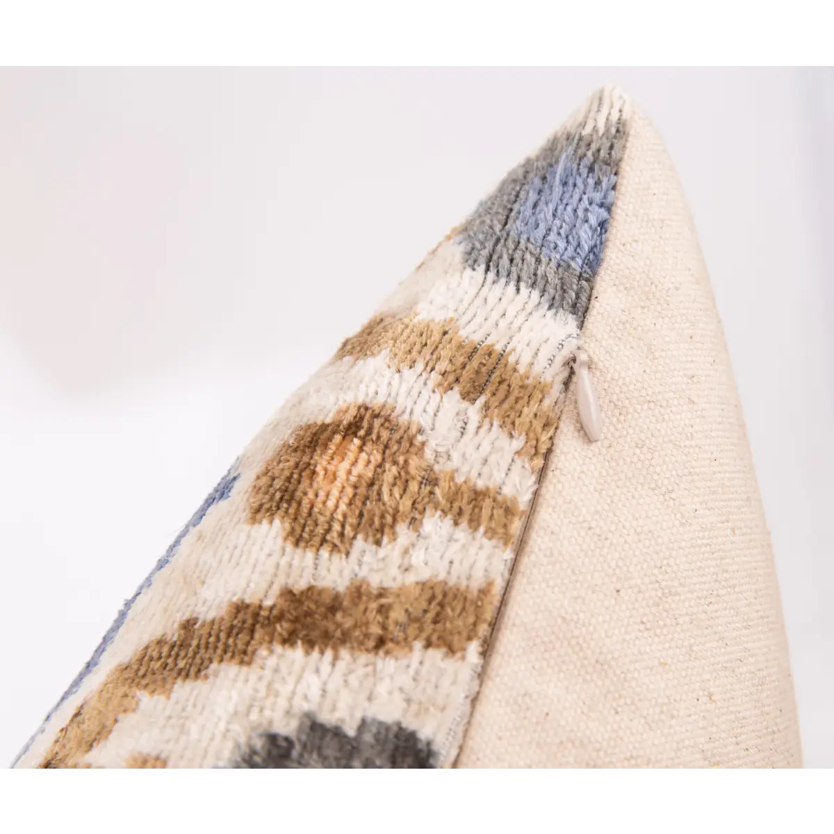 Handmade Silk Velvet Ikat Throw Pillow - 20x20 Beige Blue and Brown Luxury Design with Down Feather Insert - Canvello
