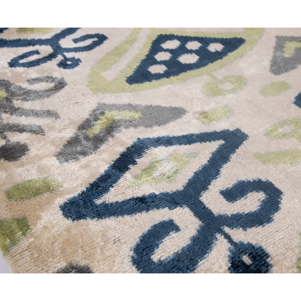 Handmade Silk Velvet Ikat Throw Pillow - 20x20 Beige Blue and Green Ikat Design with Down Feather Insert - Canvello