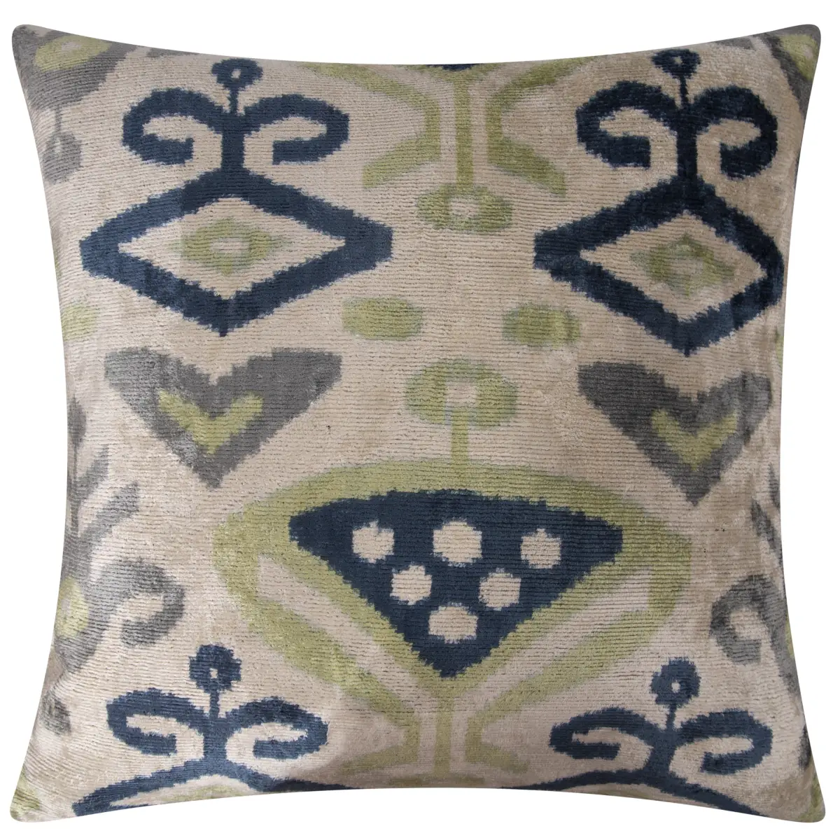 Handmade Silk Velvet Ikat Throw Pillow - 20x20 Beige Blue and Green Ikat Design with Down Feather Insert - Canvello