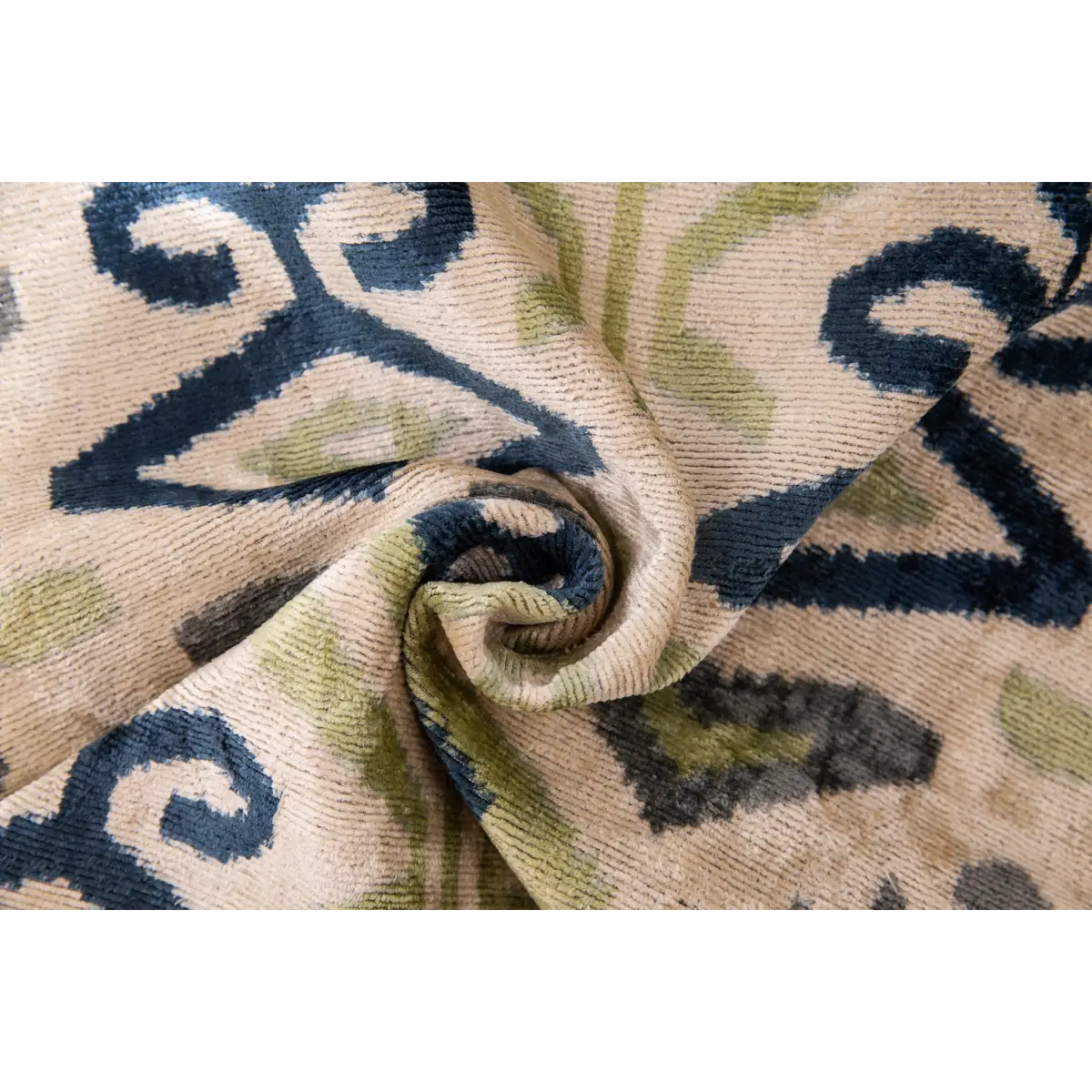 Handmade Silk Velvet Ikat Throw Pillow - 20x20 Beige Blue and Green Ikat Design with Down Feather Insert - Canvello