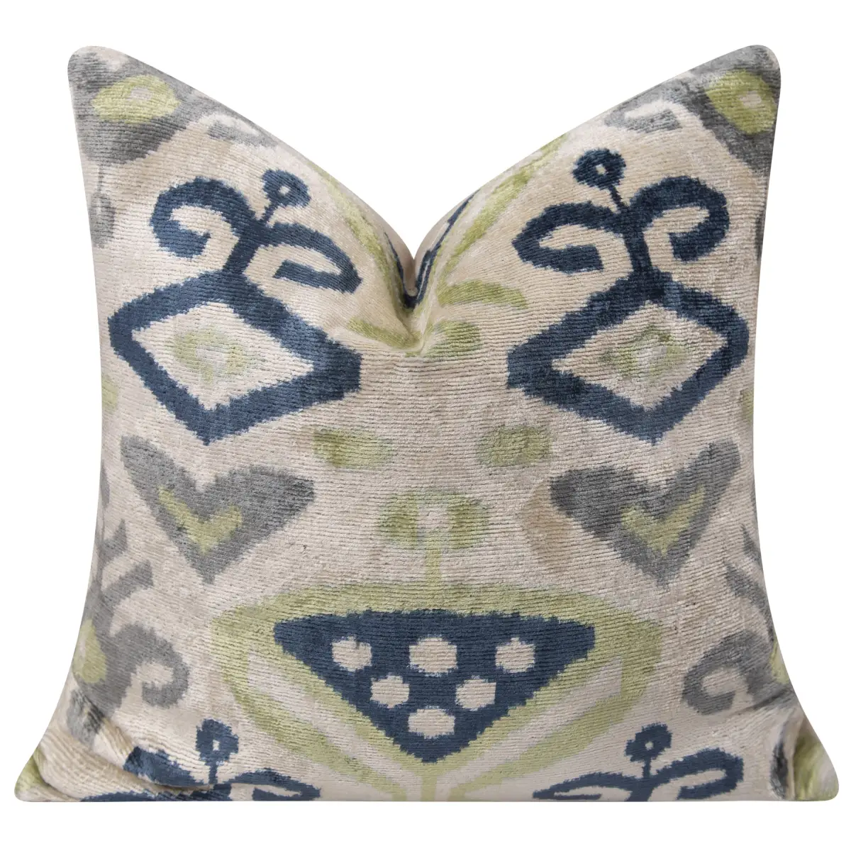 Handmade Silk Velvet Ikat Throw Pillow - 20x20 Beige Blue and Green Ikat Design with Down Feather Insert - Canvello