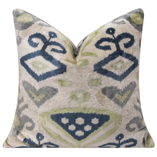 Handmade Silk Velvet Ikat Throw Pillow - 20x20 Beige Blue and Green Ikat Design with Down Feather Insert - Canvello